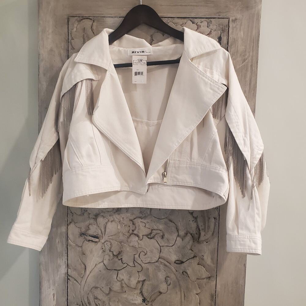 NWT Rivir White S Denim Silver Chain Fringe 80'S Cropped Small Diagonal Zipper
